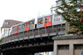 Hamburg U-Bahn rapid transit train traveling above ground. Hamburg, Germany.