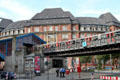 Hamburg U-Bahn rapid transit train elevated rail leaving station. Hamburg, Germany