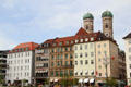 Frauenkirche cathedral towers above Marienhof. Munich, Germany.
