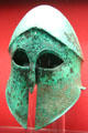 Corinthian bronze helmet from Greece at Antikensammlungen. Munich, Germany.