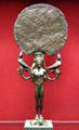 Metal standing mirror in form of Aphrodite with sirens & bird-like creatures from Laconia, Greece at Antikensammlungen. Munich, Germany.