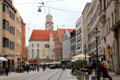 Streetscape of Maximilianstraße with St Moritz church at Moritzplatz. Augsburg, Germany.
