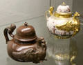 Meissen eagle teapots by Johann Jacob Irminger in brown stoneware & porcelain painted with Chinese scenes at Bamberg Old Town Hall Museum of Faience & Porcelain. Bamberg, Germany.