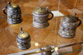 Stoneware humpens with tin lids painted with hunting scene at Coburg Castle. Coburg, Germany.