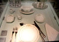 Porcelain place setting from rail station restaurant Schwarzer Adler at Nuremberg Transport Museum. Nuremberg, Germany.