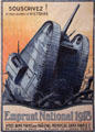 Subscribe & we will have victory poster to urge French citizens to subscribe to WWI defense loans offered by two French banks deigned by Imre Károly Simay shows WWI tank rolling over trench in private collection. Germany.