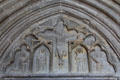 Crucifixion carved in stone on facade of Ettal Benedictine Abbey. Ettal village, Germany.