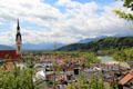 Assumption of Mary church near Isar River with Alps in distance. Bad Tölz, Germany.