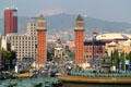 View to Venetian towers & Plaça d'Espanya fountain. Barcelona, Spain.