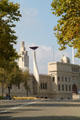 Exterior of Barcelona Olympic Stadium with spire for Olympic flame attached. Barcelona, Spain.
