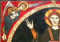 Fresco detail of symbol of Evangelist St Matthew from church of St Marti de Tost at Museu Nacional d'Art de Catalunya. Barcelona, Spain