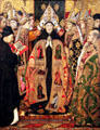 Consecration of St Augustine painting by Jaume Huguet at Museu Nacional d'Art de Catalunya. Barcelona, Spain.