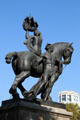 Barcelona sculpture group of horse with man holding wheel of industry & woman holding sailing ship by Federico Mares Deulovol in Plaza Catalunya. Barcelona, Spain.