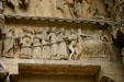 Bishops, rich & kings being thrown into burning vats of hell in Last Judgment scene on Cathedral. Reims, France.