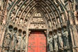 Overview of left door of Cathedral covering birth of Christ. Strasbourg, France.