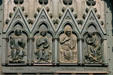 Bronze panel of central door of Cathedral showing Christ, Peter , Paul & archangel Michael. Strasbourg, France.