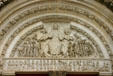 Facade tympanum of Basilique Ste-Madeleine showing last judgment. Vézelay, France.