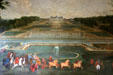 Overview of Vaux-le-Vicomte chateau during visit of Queen of France Marie Leczinska in painting by Martin des Batailles. Melun, France