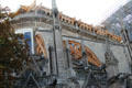 Notre Dame Cathedral flying buttresses being supported by wooden arches after fire of 2019. Paris, France.