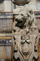 Lion statue over shield of city of Paris on St-Sulpice fountain. Paris, France.