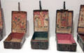 Wooden boxes with scenes of Sts Christopher, Rock & Marguerite after Jean d'Ypres from Paris at Cluny Museum. Paris, France.