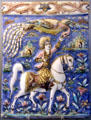 Ceramic tile painting with mounted cavalier & mythical Simurgh bird from Isfahan, Iran at Sèvres National Ceramic Museum. Paris, France