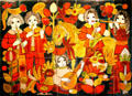 Brittany folk musicians with roosters painting on ceramic tile by Dodik Jégou. St Malo, France