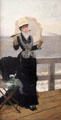 Woman in blue at seafront painting by Ernest Duez at Arras Fine Art Museum. Arras, France.