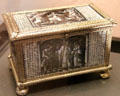Chest decorated with scenes from a theatrical production, enamel paint on copper by Colin Noualhier from Limoges at Angers Fine Arts Museum. Angers, France.