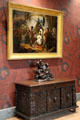 François I Dubbed a Knight by Bayard at Battle of Marignan painting over sculpted oak chest from Netherlands or Scotland & François I hunting sculpture at Blois Chateau. Blois, France.
