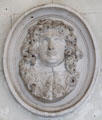 Medallion with historic figure on lower level of Gallery Bridge at Chenonceau Chateau. Chenonceau, France.