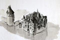 Drawing of chateau core that Katherine Briçonnet, wife of Thomas Bohier, had built after they demolished all but the foundation of an ancient mill & the Marques tower of the existing fort at Chenonceau Chateau. Chenonceau, France.