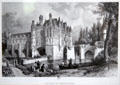 Chenonceau Chateau antique lithograph showing chapel facade & Medici bridge galleries with tourists in 19thC dress. Chenonceau, France.