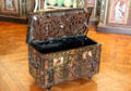 Trunk with mechanical locks of safe decorated with paintings in arms room at Cheverny Chateau. Cheverny, France.