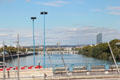 View up Rhône River from Musée des Confluences. Lyon, France.