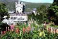 Glenveagh Castle, Glenveagh National Park beyond lupines. Ireland.