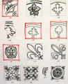 Medieval floor tile designs with red circling those found at Old Mellifont Abbey. Ireland.