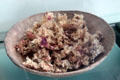 Dried Carrageen seaweed in bowl made by Séamus Ó Beaglaoich at Great Blasket Centre museum on Dingle Peninsula. Ireland.