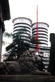 Facade of Aga Khan building contrast stone lion of public library in Nairobi. Kenya.