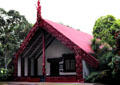Maori meeting house in Waitangi near where Whites & Maori signed peace treaty now celebrated each year on Waitangi Day. New Zealand.