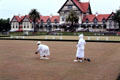 The Bath House, now the Museum of Art and History in Rotorua with bowling green in foreground. New Zealand.