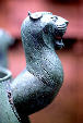 Detail of lion head on Etruscan bronze bowl in Vatican Museum. Vatican City.