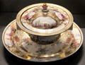 Porcelain covered bowl on stand for breakfast soup from Meissen, Germany at National Museum of Scotland. Edinburgh, Scotland.