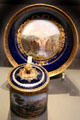 Porcelain covered cup & saucer with castle & Rhine views from Meissen, Germany at National Museum of Scotland. Edinburgh, Scotland.