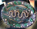 Earthenware dish with eels, fish, flora & fauna by Bernard Palissy or follower of France at National Museum of Scotland. Edinburgh, Scotland.