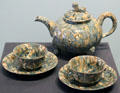 Marbled earthenware teapot, tea bowls & saucers from Staffordshire, England at National Museum of Scotland. Edinburgh, Scotland.
