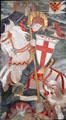 Central panel detail of Red Crosse Knight embroidered panels by Phoebe Anna Traquair at National Museum of Scotland. Edinburgh, Scotland.