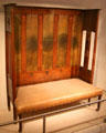 Oak settle by Wylie & Lochhead displayed during Glasgow International Exhibition at National Museum of Scotland. Edinburgh, Scotland.