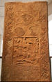 Pictish stone inscribed with aristocratic woman leading a hunting party plus symbolic crescent, double disks, spirals & entwined animals from Hilton of Cadboll at National Museum of Scotland. Edinburgh, Scotland.