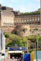 St Andrew's House government building above train leaving Waverley rail station. Edinburgh, Scotland.